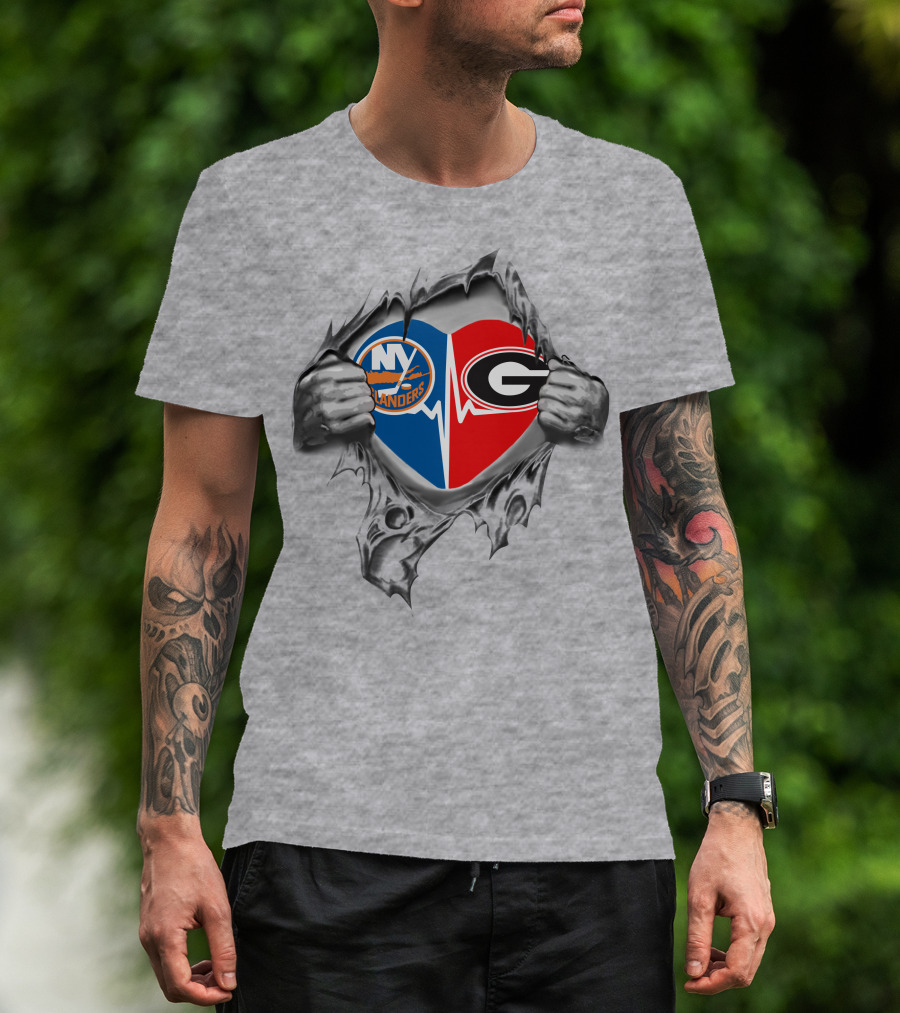 New York Islanders Georgia Bulldogs Heartbeat Logo Fan T-Shirt