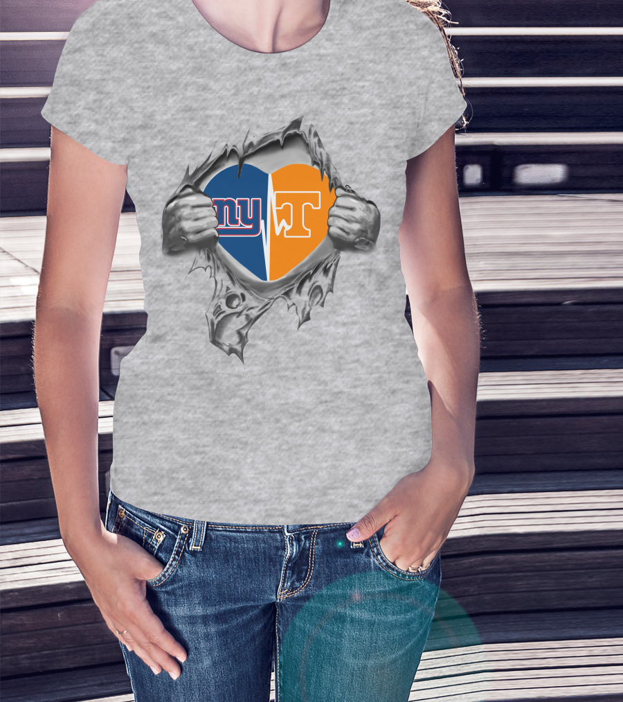 Giant Tennessee Heart Ny T Logo Split Inside Torn Metal Hands T-Shirt