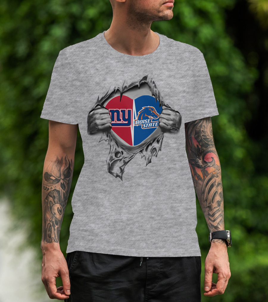 Giants Boise State Heart Combined Logos Torn Reveal T-Shirt