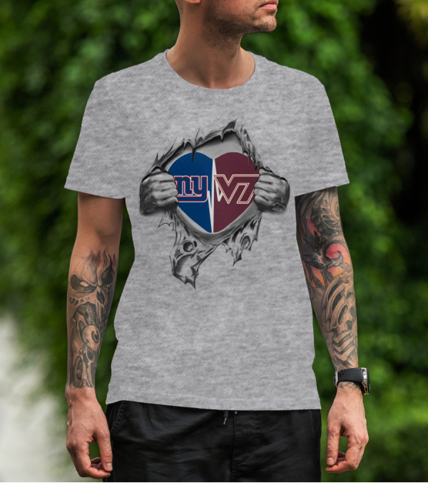 Giants Hokies Heart With NY Giants And Virginia Tech Hokies T-Shirt