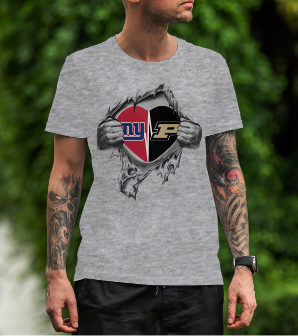 New York Giants And Purdue University Split Heart Design Tear Open T-Shirt