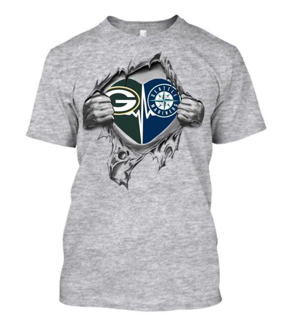 Green Bay Packers Seattle Mariners Heart Torn Fabric T-Shirt