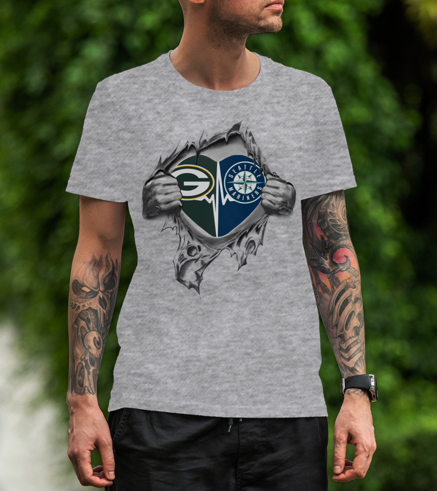Green Bay Packers Seattle Mariners Heart Torn Fabric T-Shirt