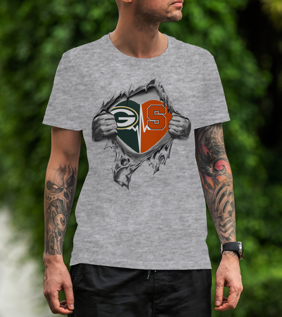 Green Bay Packers Syracuse Orange Heartbeat Logo Peeling Hands T-Shirt