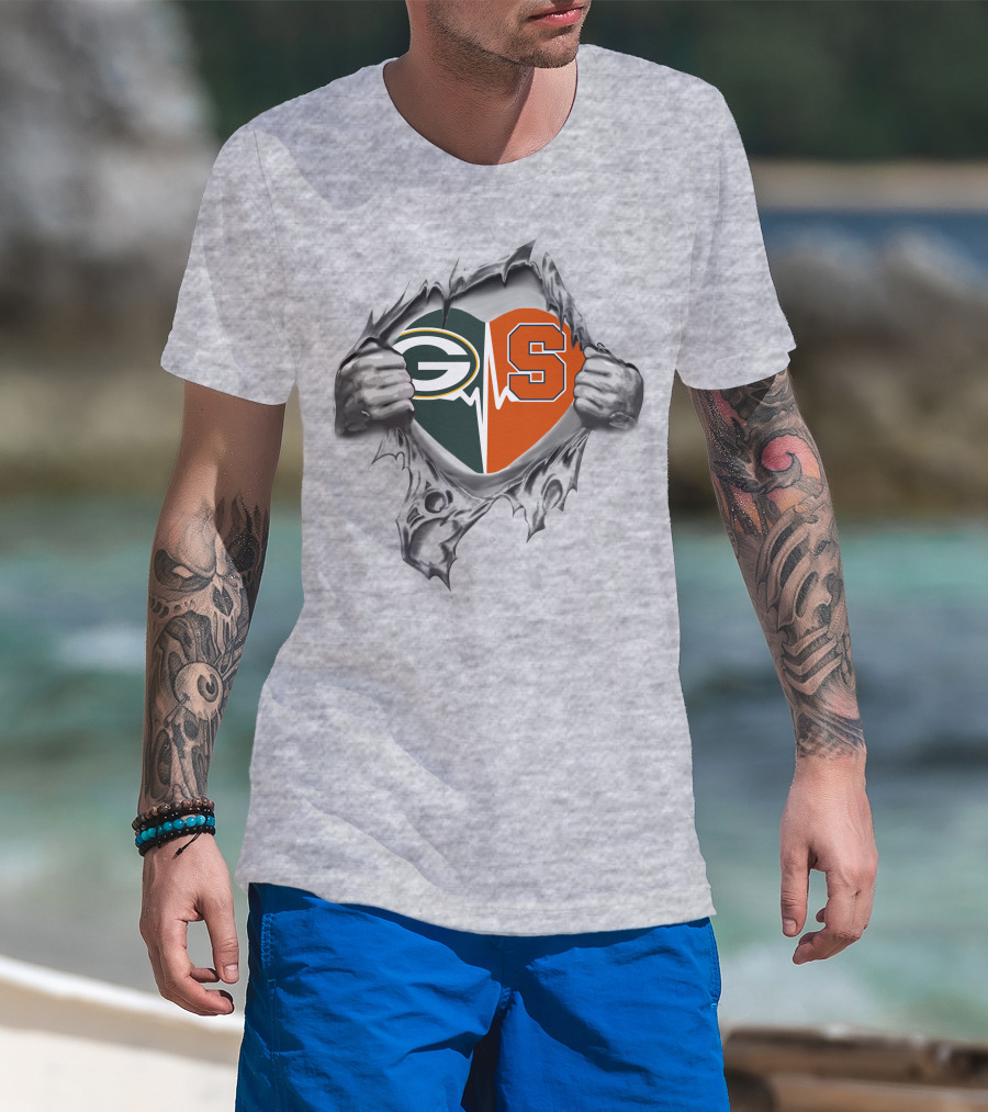 Green Bay Packers Syracuse Orange Heartbeat Logo Peeling Hands T-Shirt