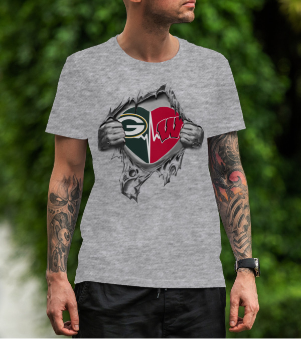 Green Bay Packers Wisconsin Badgers Heartbeat Fusion T-Shirt