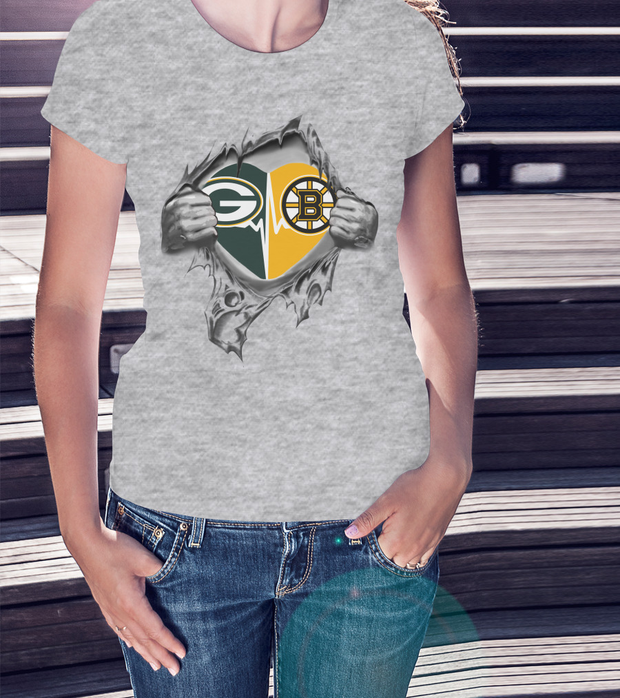 Green Bay Packers Boston Bruins Heart Logo Fusion T-Shirt