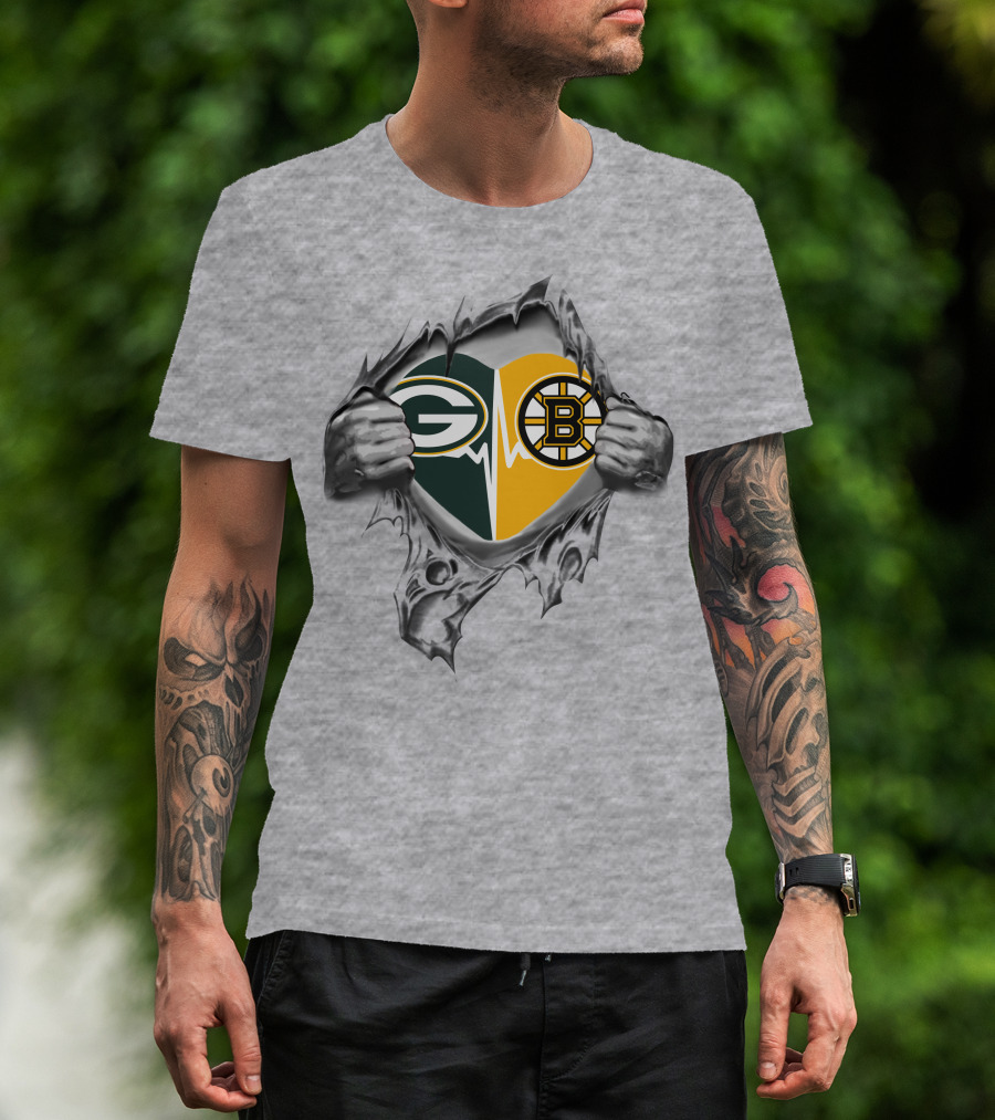 Green Bay Packers Boston Bruins Heart Logo Fusion T-Shirt