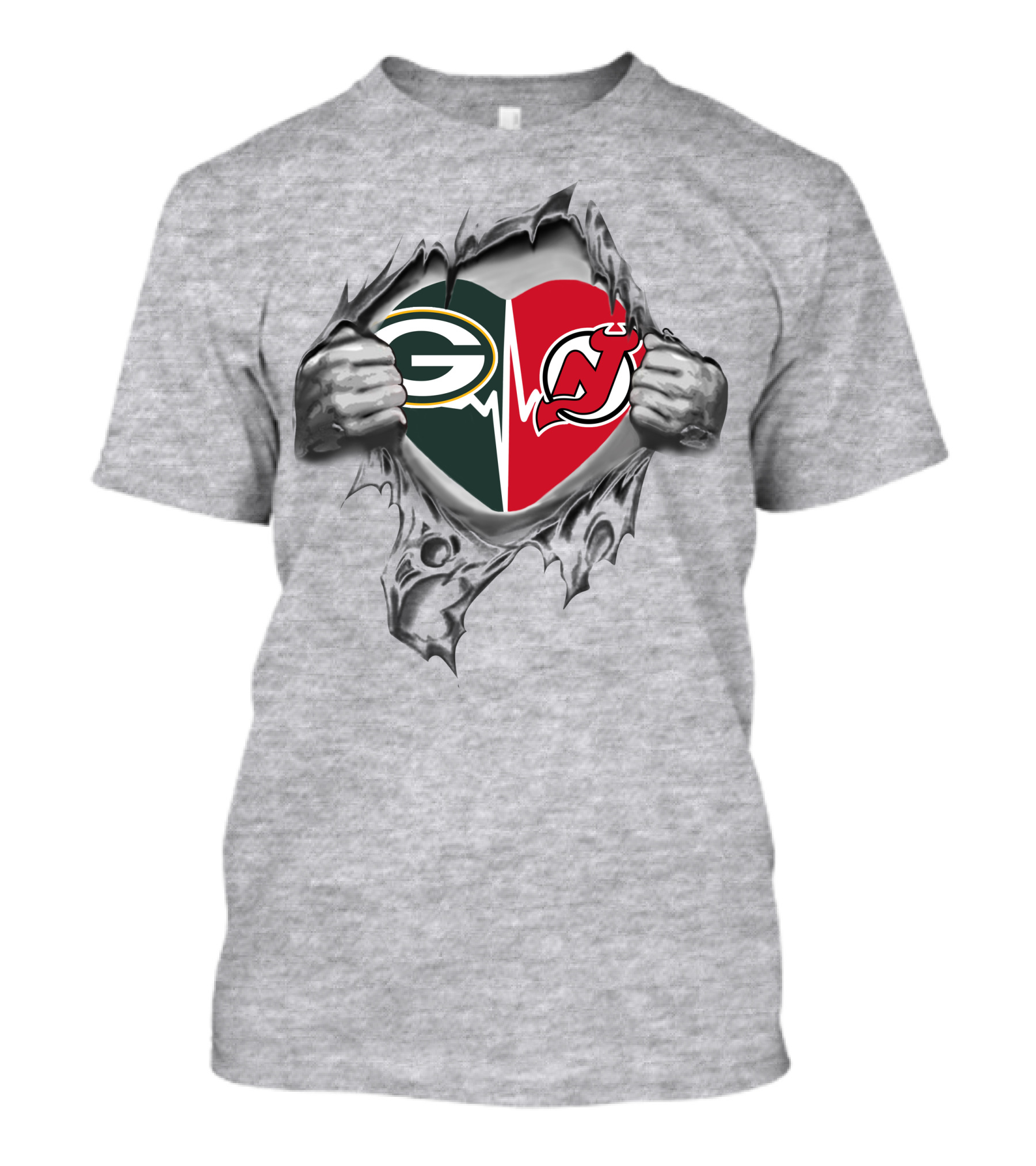 Green Bay Packers New Jersey Devils Heartbeat Dual Logo Tear T-Shirt
