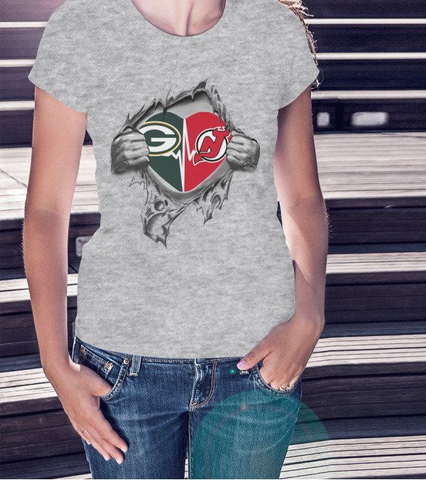Green Bay Packers New Jersey Devils Heartbeat Dual Logo Tear T-Shirt
