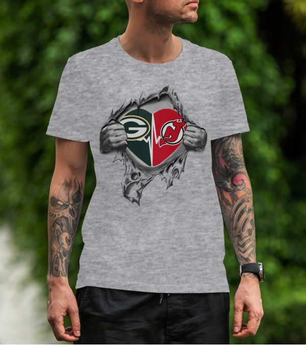 Green Bay Packers New Jersey Devils Heartbeat Dual Logo Tear T-Shirt