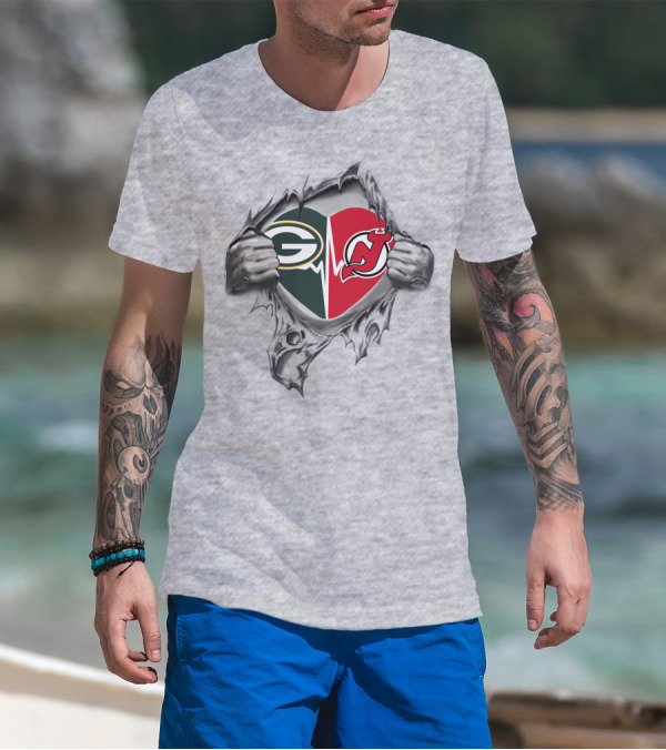 Green Bay Packers New Jersey Devils Heartbeat Dual Logo Tear T-Shirt