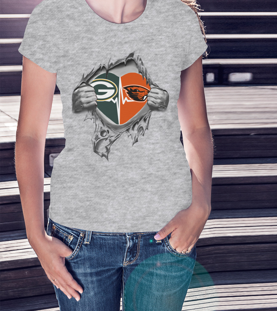 Green Bay Packers Oregon State Heart Logo With Hands T-Shirt