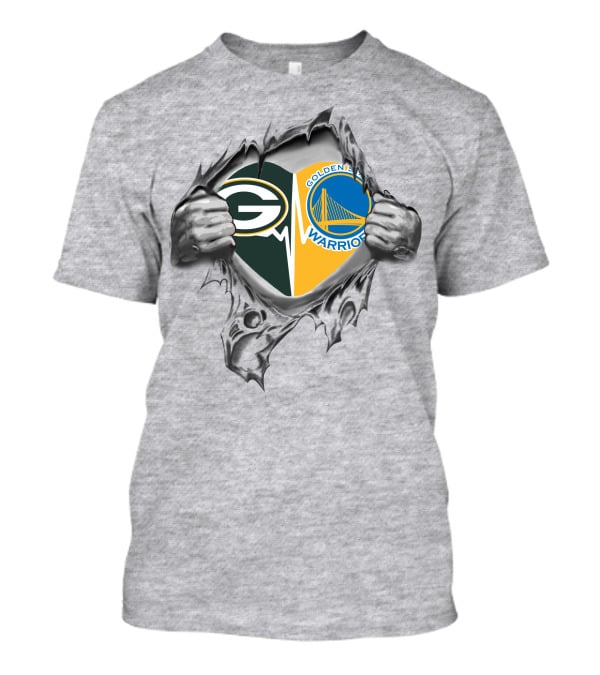 Green Bay Packers Golden State Warriors Logos In Torn T-Shirt