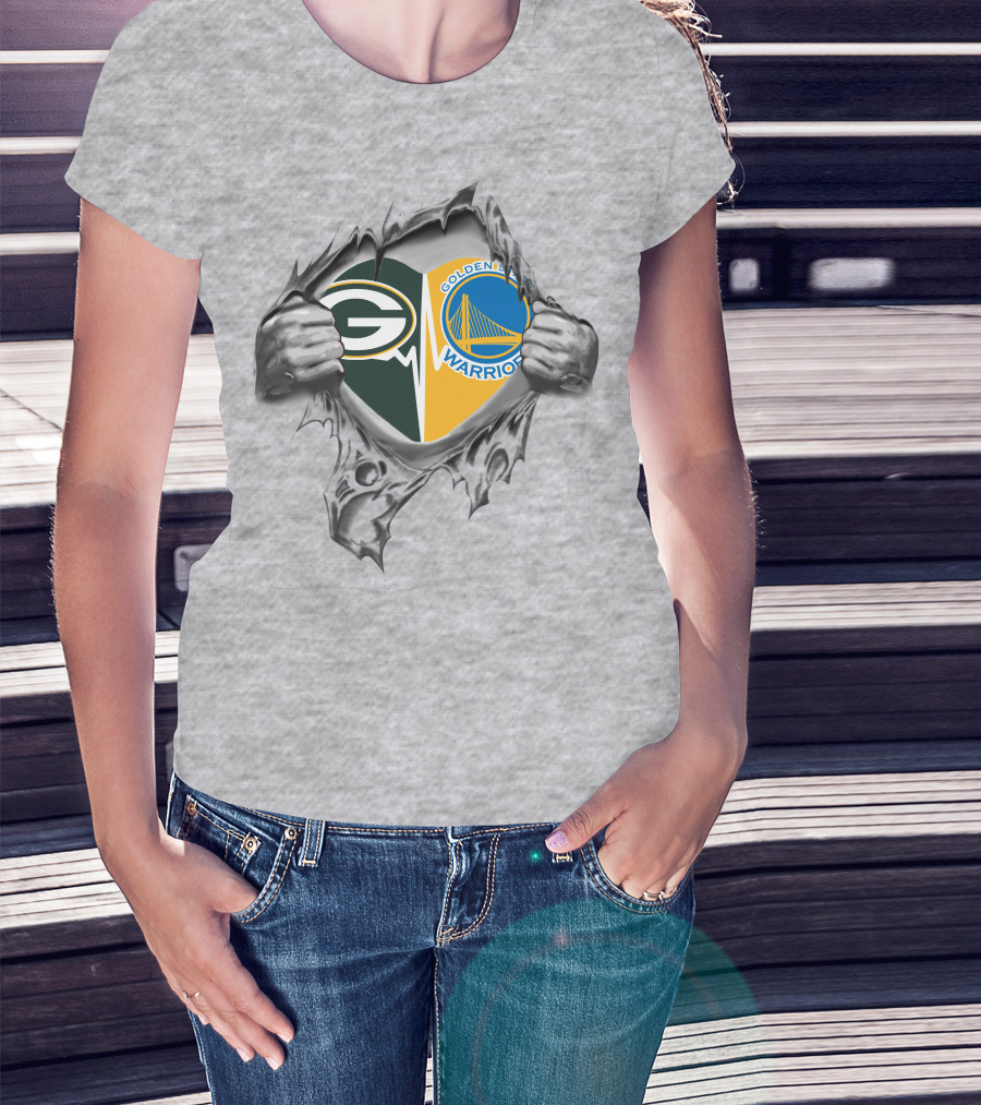 Green Bay Packers Golden State Warriors Logos In Torn T-Shirt