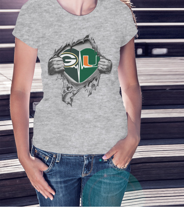 Green Bay Packers Miami Hurricanes Heartbeat T-Shirt