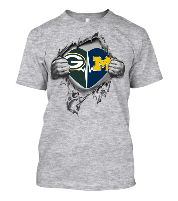 Green Bay Packers Michigan Wolverines Heartbeat Ripped T-Shirt