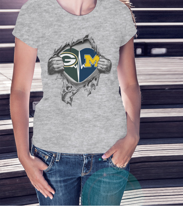 Green Bay Packers Michigan Wolverines Heartbeat Ripped T-Shirt