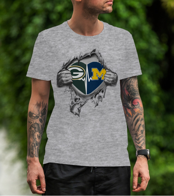 Green Bay Packers Michigan Wolverines Heartbeat Ripped T-Shirt
