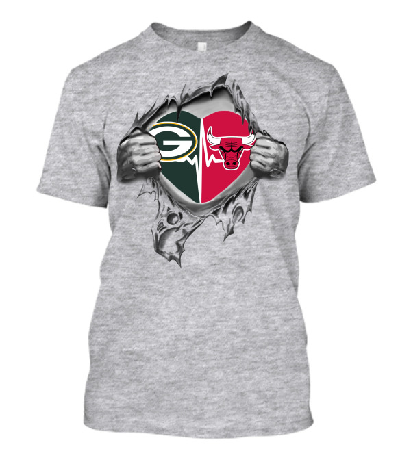 Green Bay Packers Chicago Bulls Heart Logo Rip T-Shirt