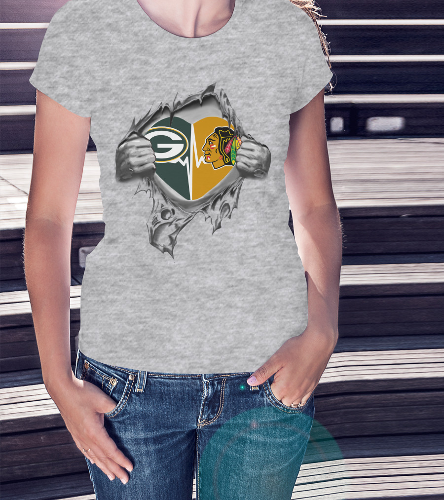 Green Bay Packers Chicago Blackhawks Heartbeat Rip T-Shirt