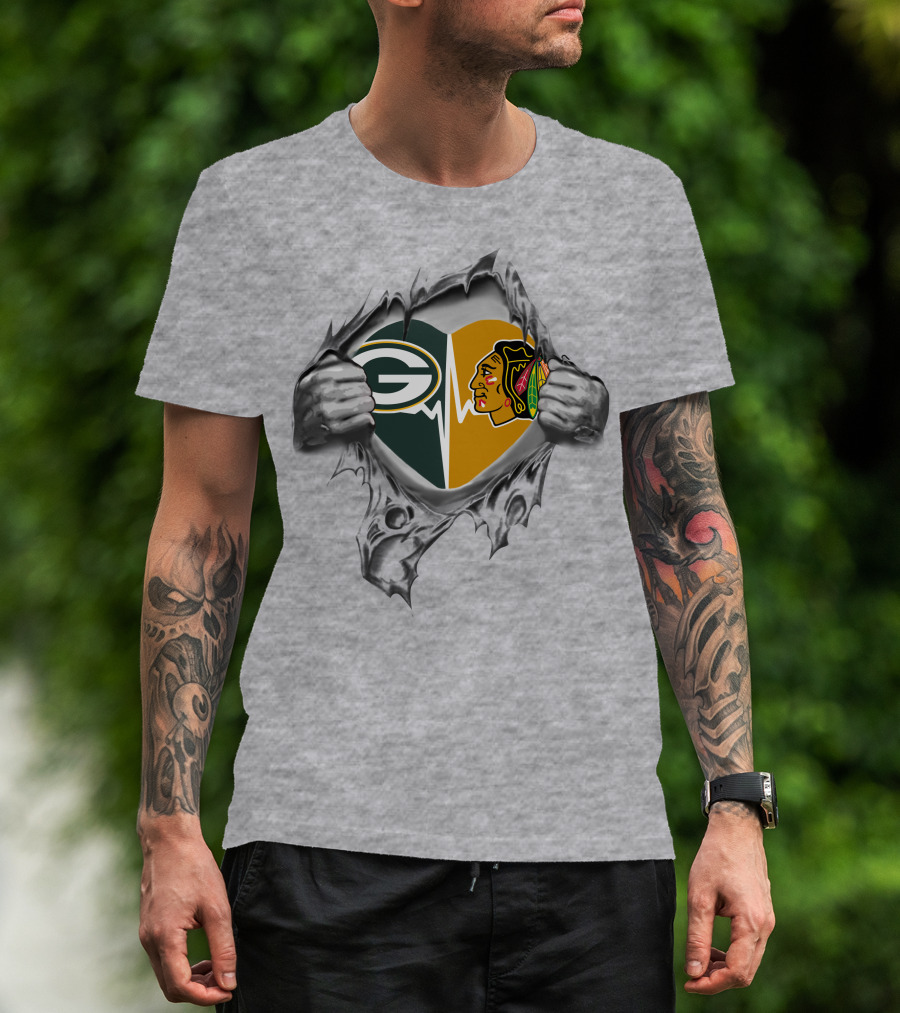 Green Bay Packers Chicago Blackhawks Heartbeat Rip T-Shirt