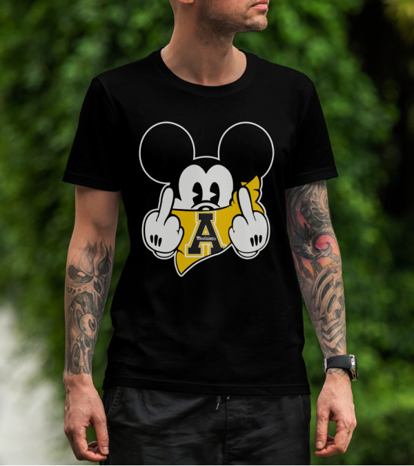 Appalachian State Mountaineers Mickey Iconic Gesture Black And Yellow Graphics T-Shirt