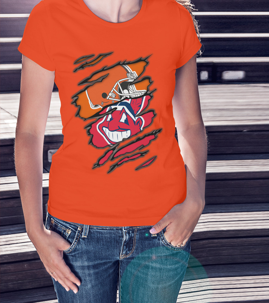 Cleveland Browns Helmet Retro Indians Chief Wahoo Claw Marks Logo Combination T-Shirt