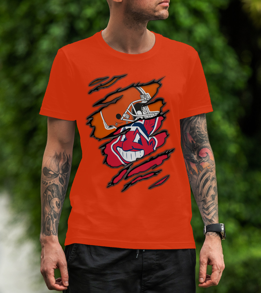 Cleveland Browns Helmet Retro Indians Chief Wahoo Claw Marks Logo Combination T-Shirt