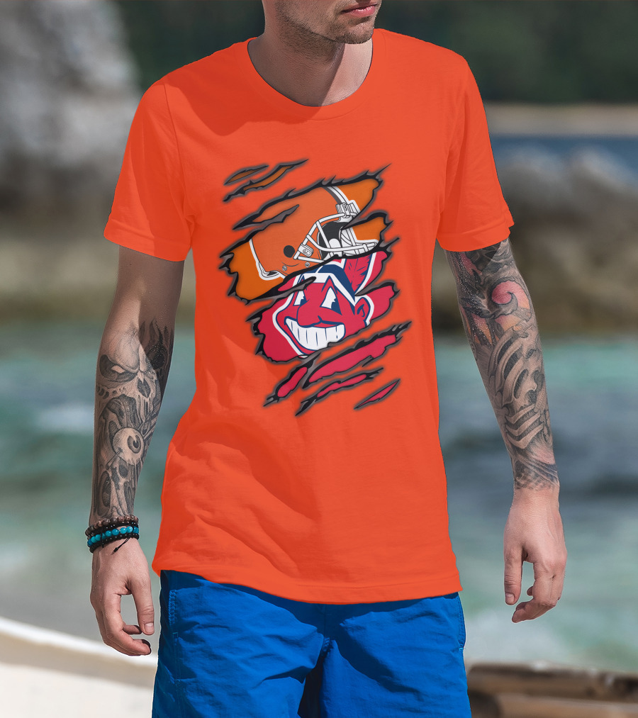 Cleveland Browns Helmet Retro Indians Chief Wahoo Claw Marks Logo Combination T-Shirt