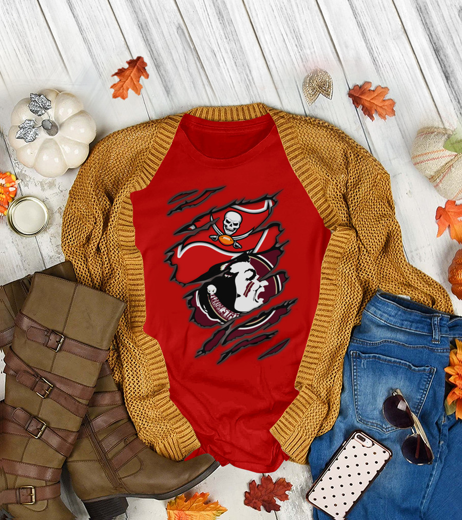 Buccaneers Seminoles Skull and Tomahawk Football Fusion T-Shirt