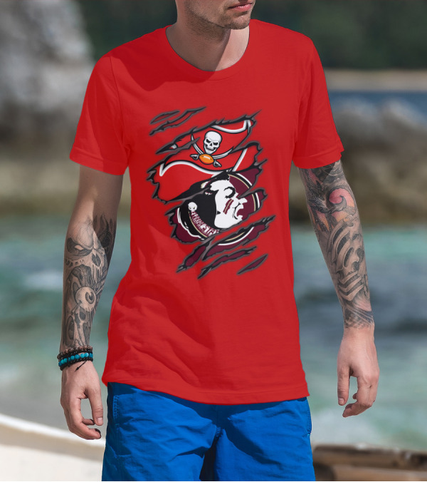 Buccaneers Seminoles Skull And Tomahawk Football Fusion T-Shirt