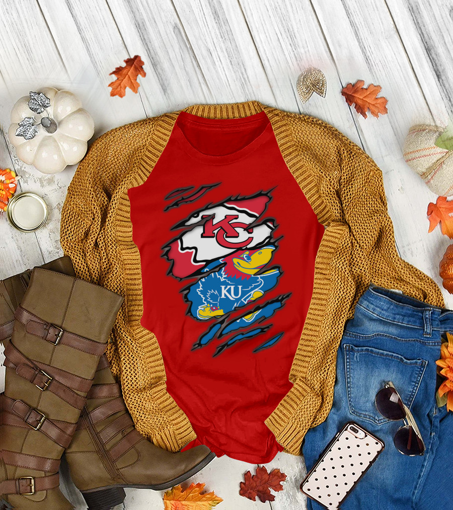 Kansas City Chiefs KC Jayhawks KU Logo Mashup T-Shirt