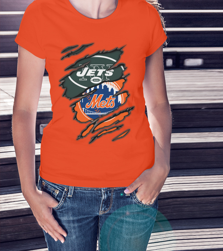 Jets Mets Nfl Mlb Ripped Logo Fusion T-Shirt