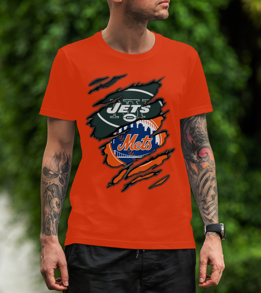 Jets Mets Nfl Mlb Ripped Logo Fusion T-Shirt