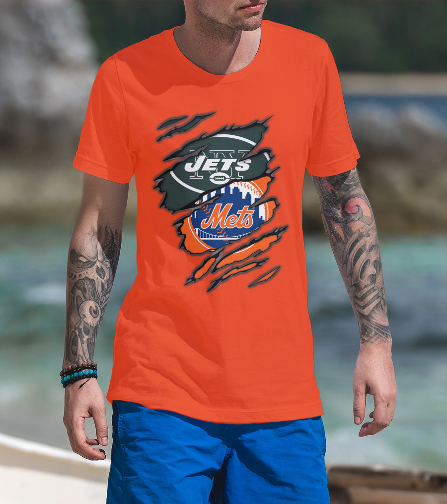Jets Mets Nfl Mlb Ripped Logo Fusion T-Shirt