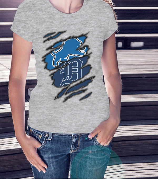 Detroit Lions Tigers Blue Claw Marks T-Shirt