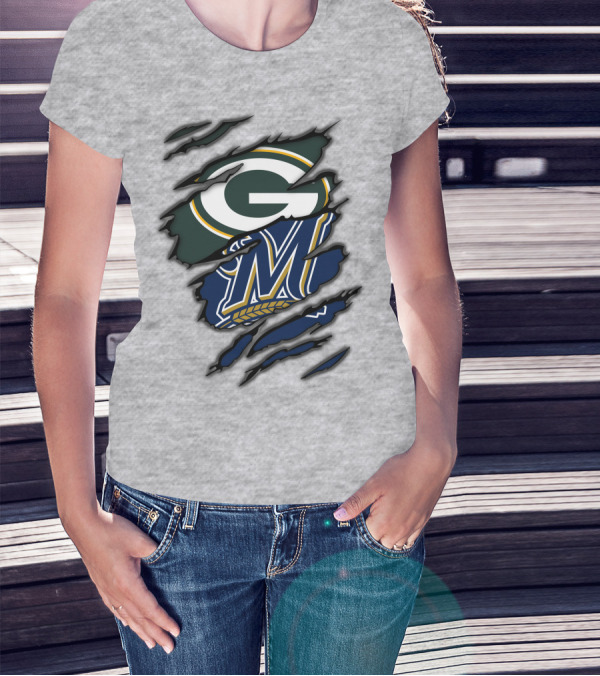 Green Bay Packers Milwaukee Brewers Logos Torn Claw Marks T-Shirt