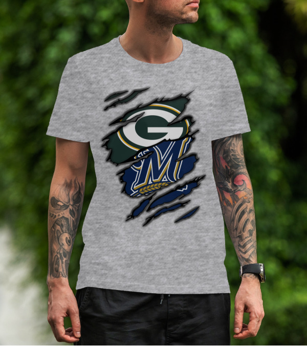 Green Bay Packers Milwaukee Brewers Logos Torn Claw Marks T-Shirt