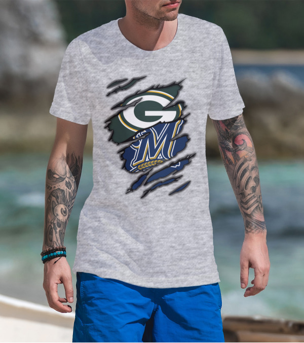 Green Bay Packers Milwaukee Brewers Logos Torn Claw Marks T-Shirt