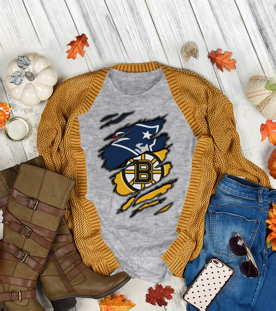 Patriots Bruins New England Football Boston Hockey Fan Collaboration T-Shirt