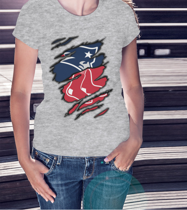 Patriots Red Sox Logo Mashup On Torn Background T-Shirt