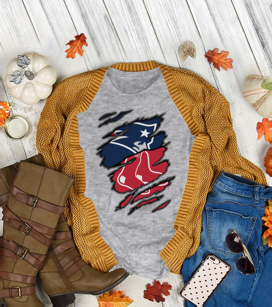 Patriots Red Sox Logo Mashup on Torn Background T-Shirt