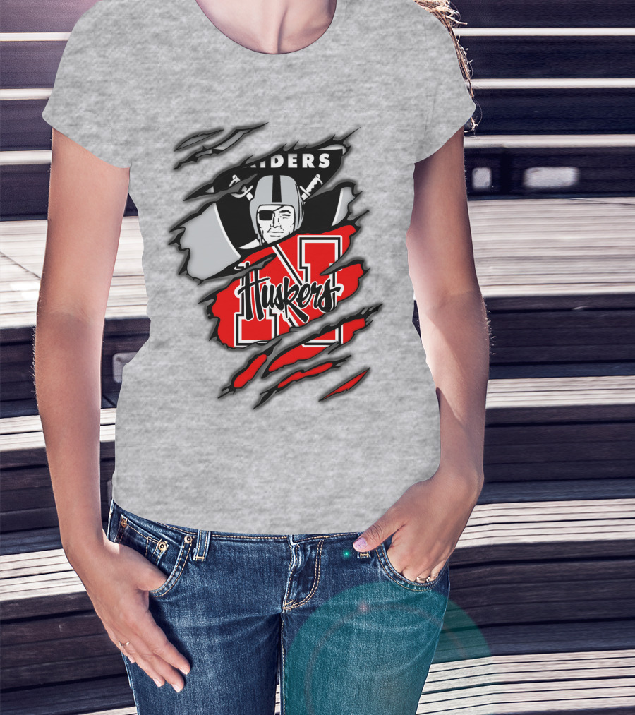 Raiders Huskers Torn Design With Icons And Symbols T-Shirt