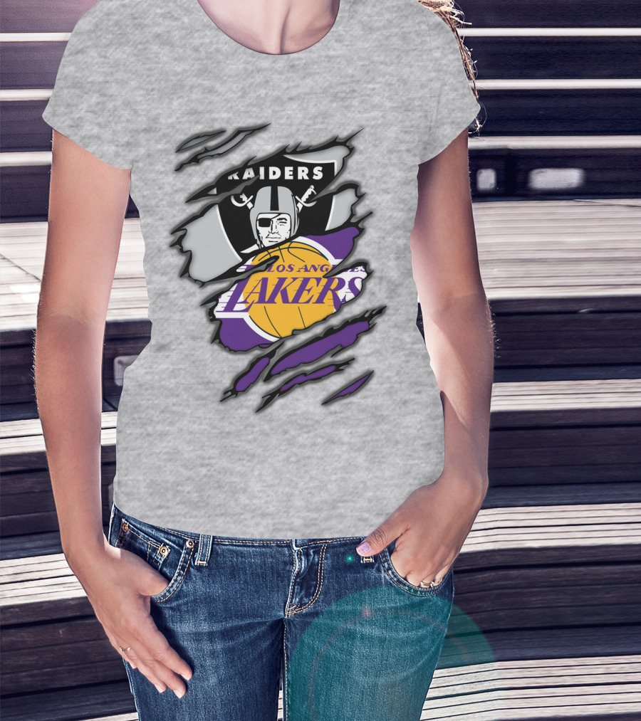 Raiders Los Angeles Lakers Basketball Football Fan Mashup T-Shirt