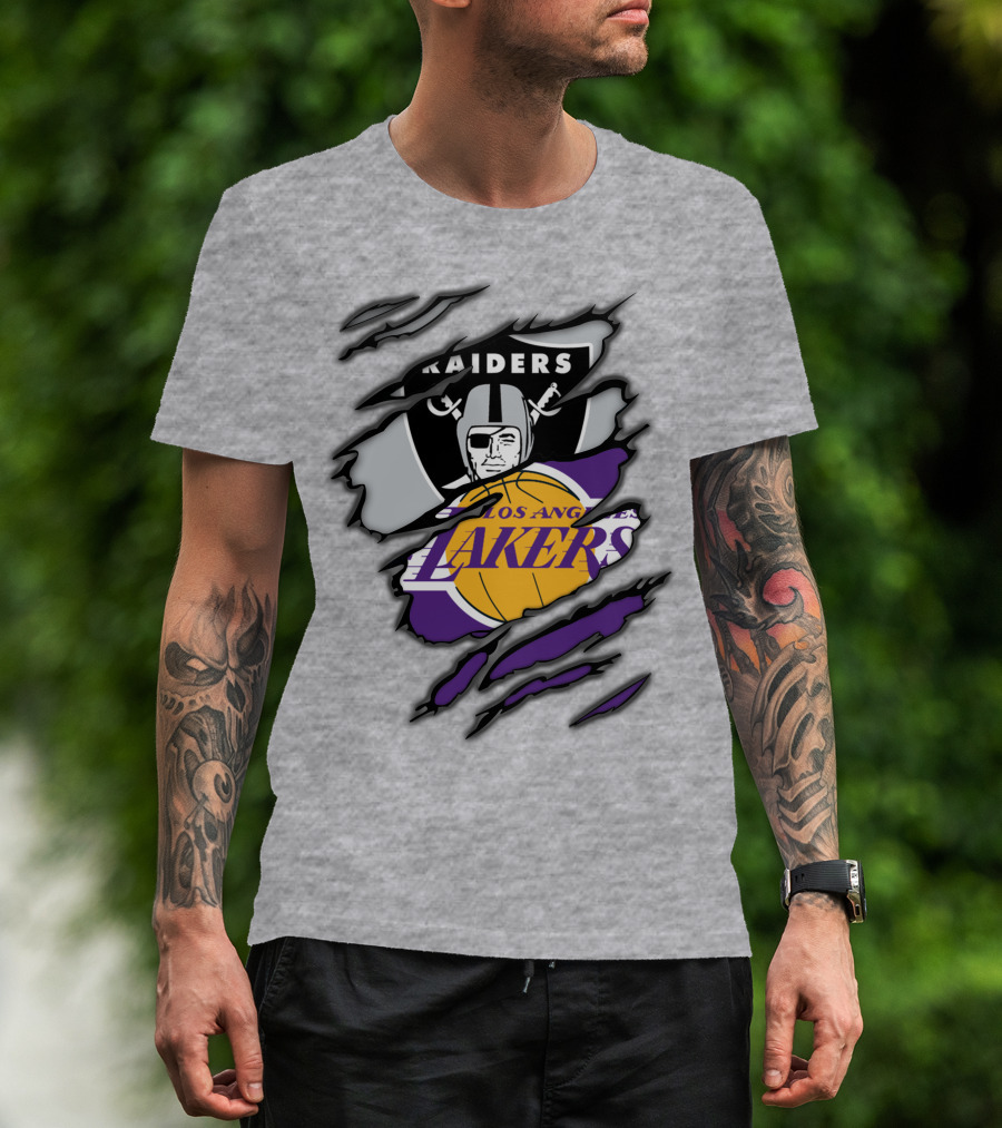 Raiders Los Angeles Lakers Basketball Football Fan Mashup T-Shirt