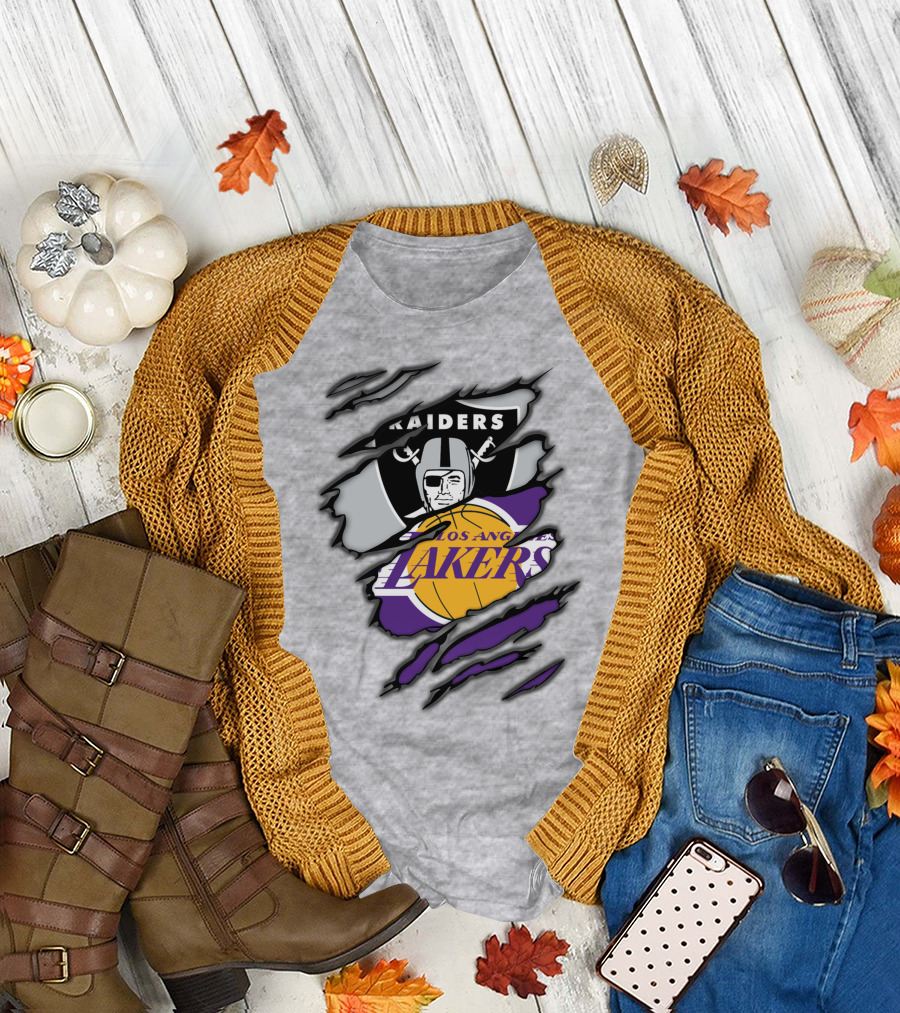 Raiders Los Angeles Lakers Basketball Football Fan Mashup T-Shirt