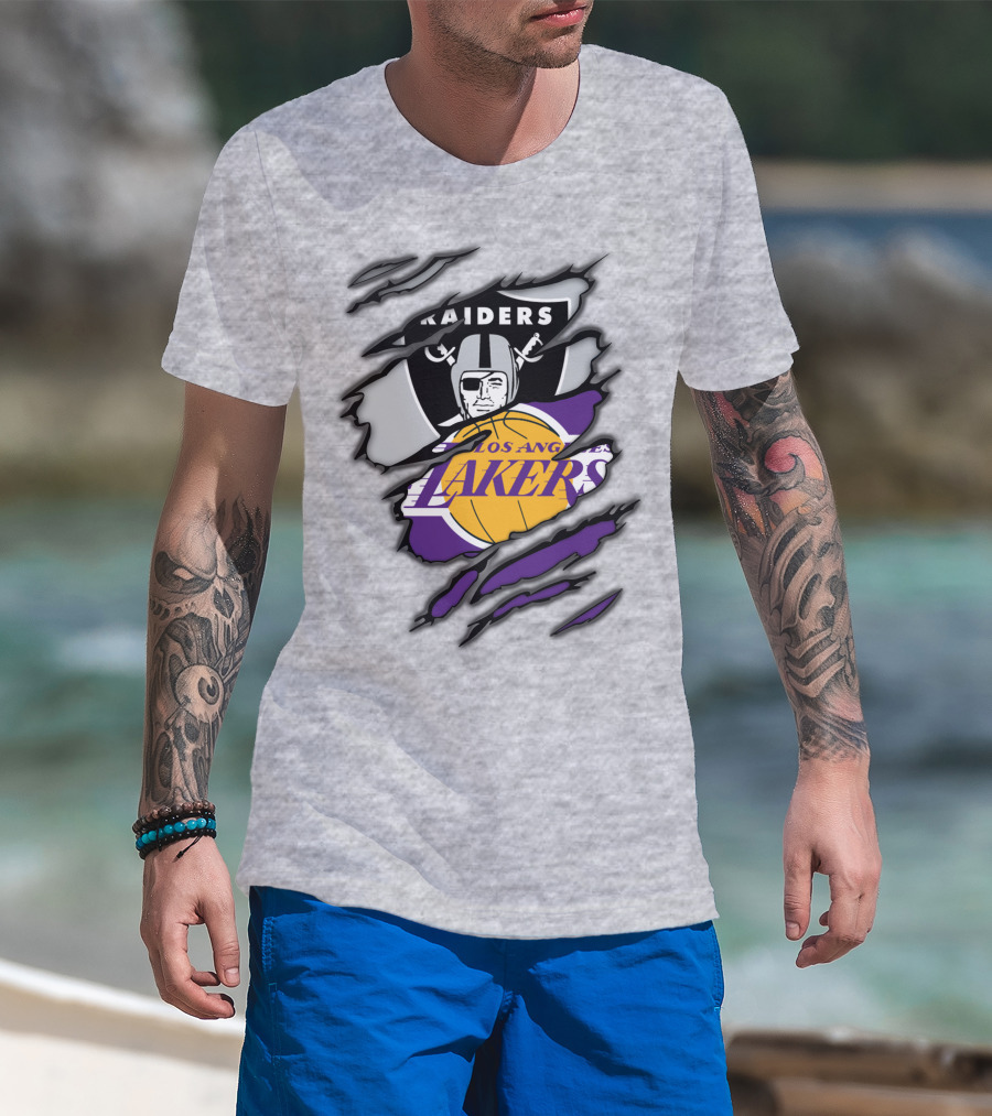 Raiders Los Angeles Lakers Basketball Football Fan Mashup T-Shirt
