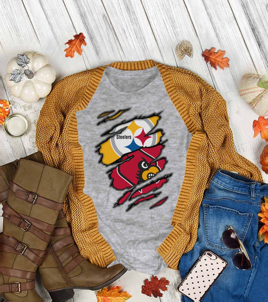 Steelers Cardinals Pittsburgh Louisville Torn Claw Marks Emblems T-Shirt