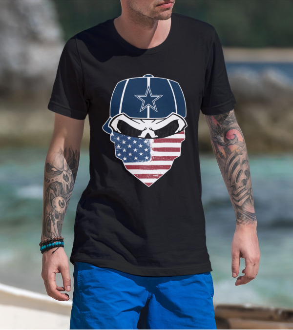 Cowboys Skull With Star Cap And American Flag Bandana T-Shirt